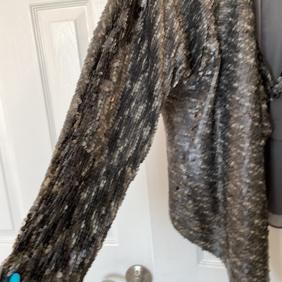 GORGEOUS FREE PEOPLE SILVER SEQUIN JACKET TOP SIZE SMALL SHIMMERY NWT - Picture 6 of 17